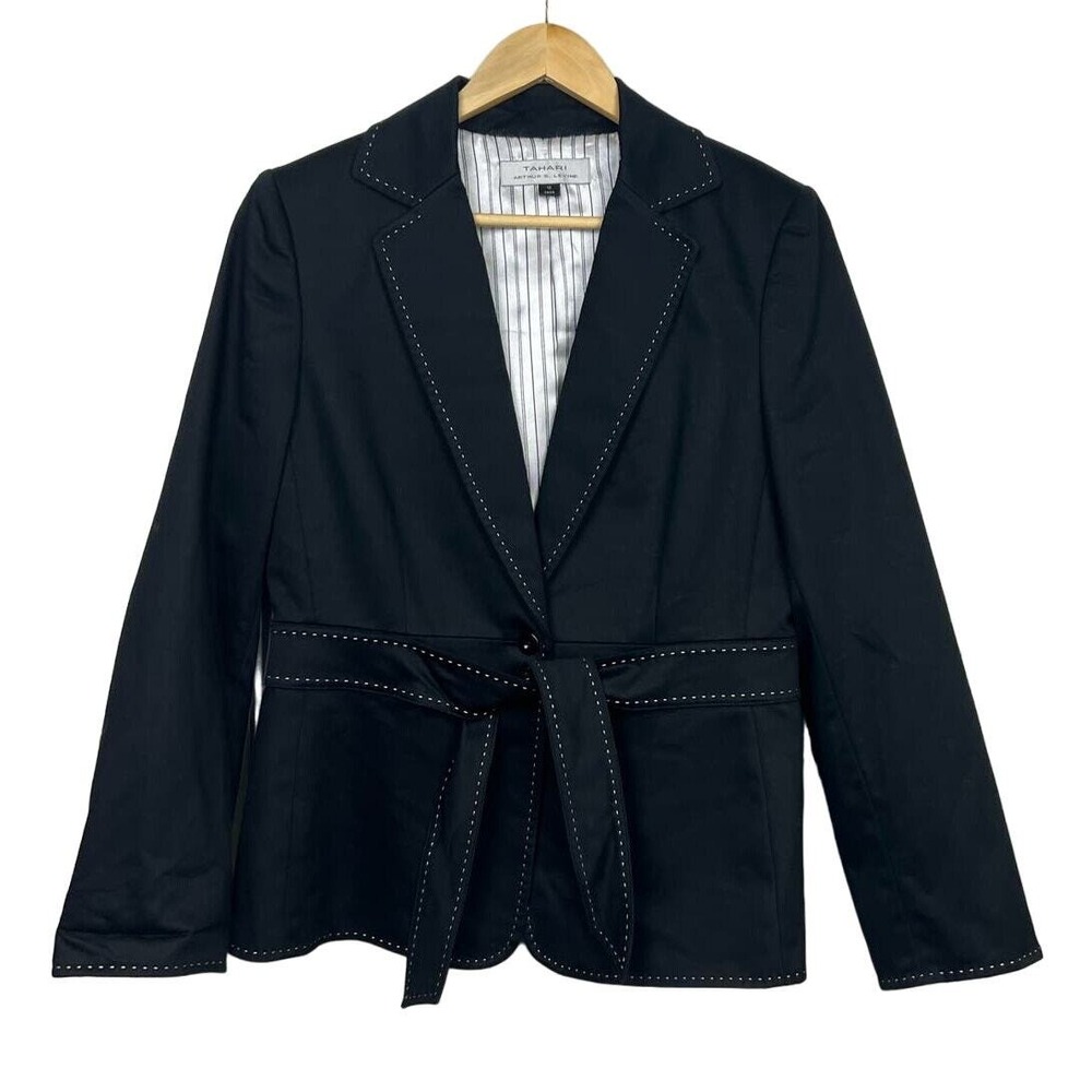 Tahari Womens 10 Blazer Black Belted Contrast Stitching Career Jacket Staple - Picture 1 of 10